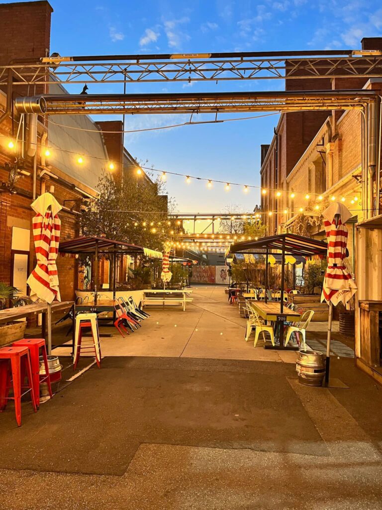 Outdoor festoon lighting installation at Little Creatures in Geelong.